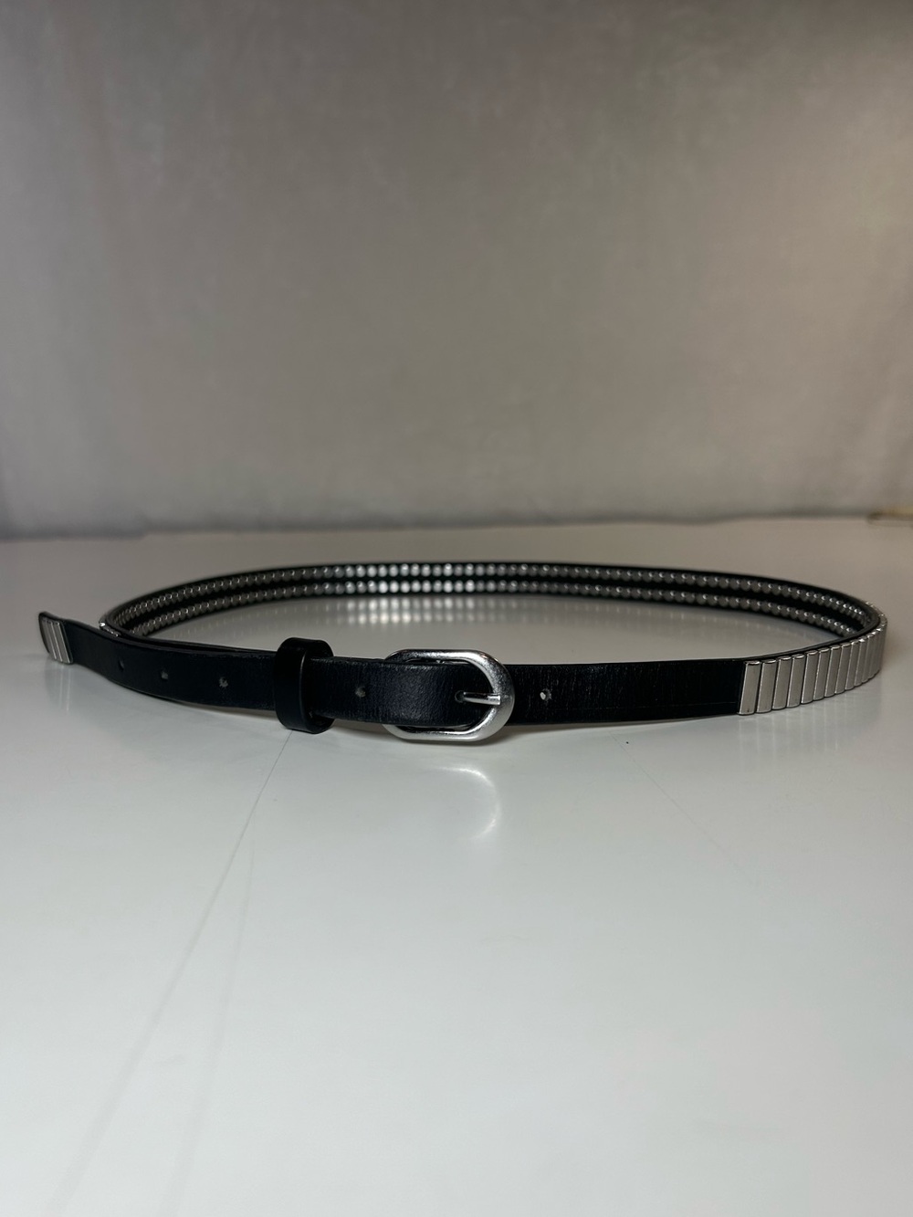 Narrow Black Leather Studded Belt Silver Hardware Punk Rock Goth Y2K Size 34 - Picture 3 of 14